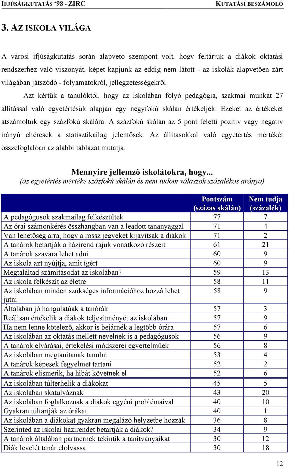 Azt kértük a tanulóktól, hogy az iskolában folyó pedagógia, szakmai munkát 27 állítással való egyetértésük alapján egy négyfokú skálán értékeljék. Ezeket az értékeket átszámoltuk egy százfokú skálára.