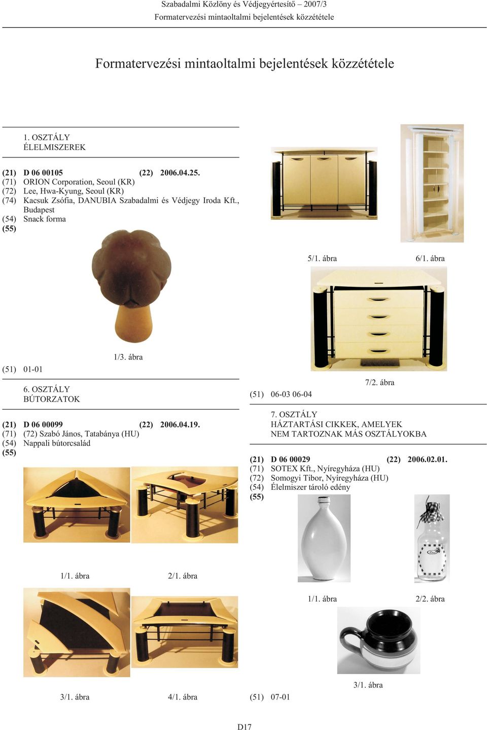 OSZTÁLY BÚTORZATOK 1/3. ábra (21) D 06 00099 (22) 2006.04.19. (71) (72) Szabó János, Tatabánya (HU) (54) Nappali bútorcsalád (51) 06-03 06-04 7/2. ábra 7.