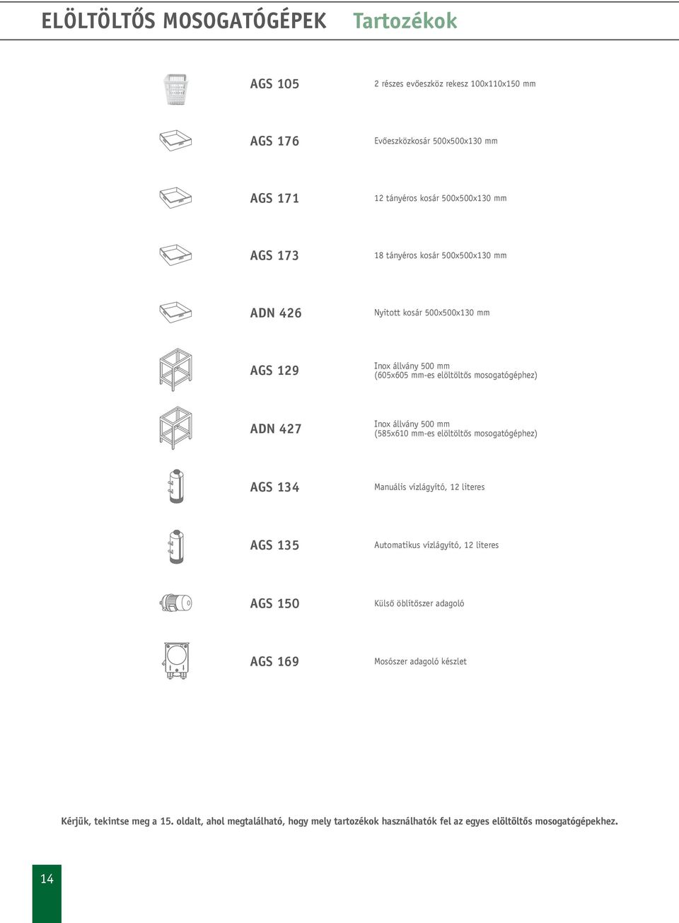 500 mm (585x610 mm-es elöltöltős mosogatógéphez) 134 Manuális vízlágyító, 12 literes 135 Automatikus vízlágyító, 12 literes 150 Külső öblítőszer adagoló 169