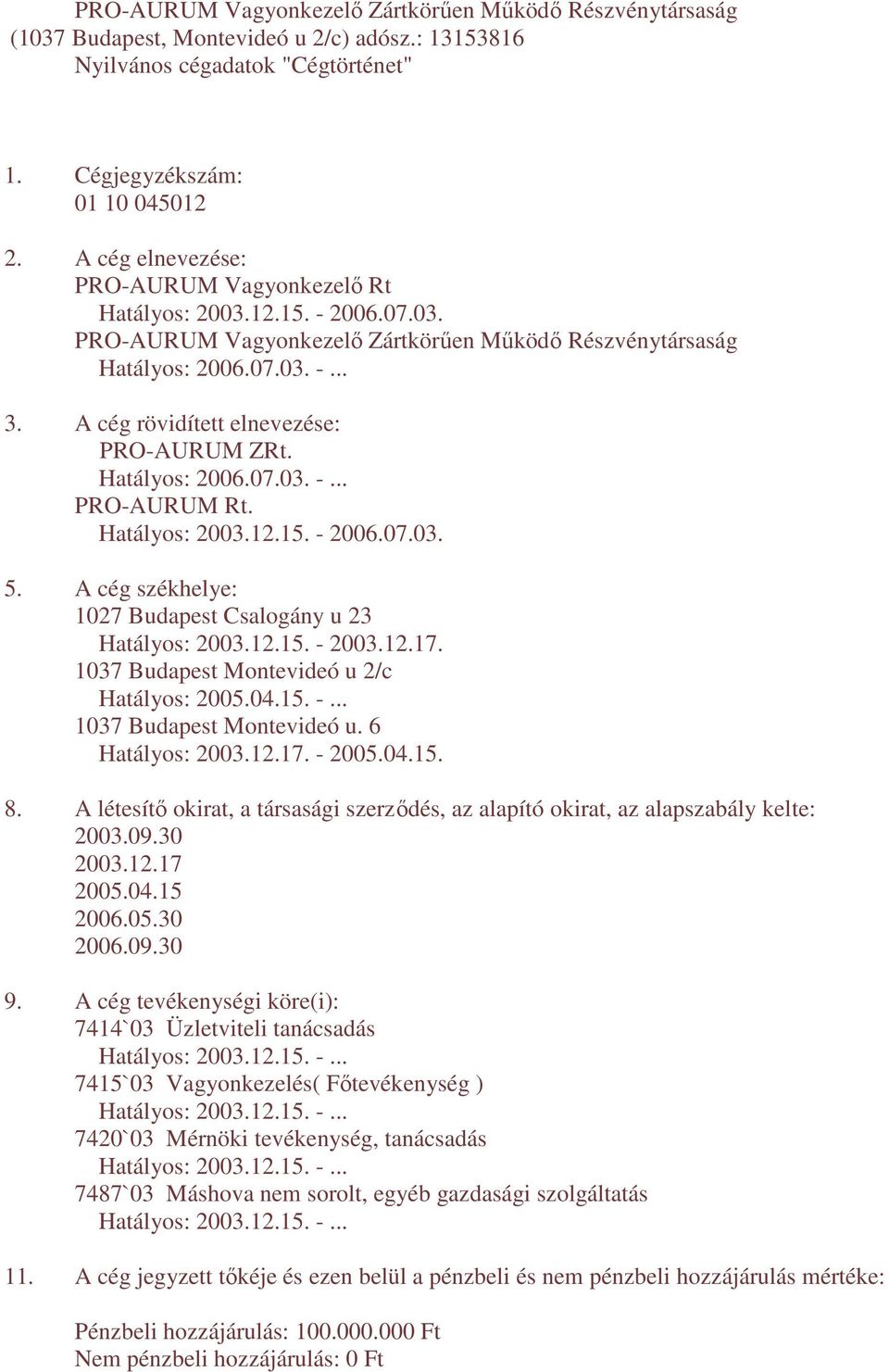 A cég rövidített elnevezése: PRO-AURUM ZRt. Hatályos: 2006.07.03. -... PRO-AURUM Rt. Hatályos: 2003.12.15. - 2006.07.03. 5.