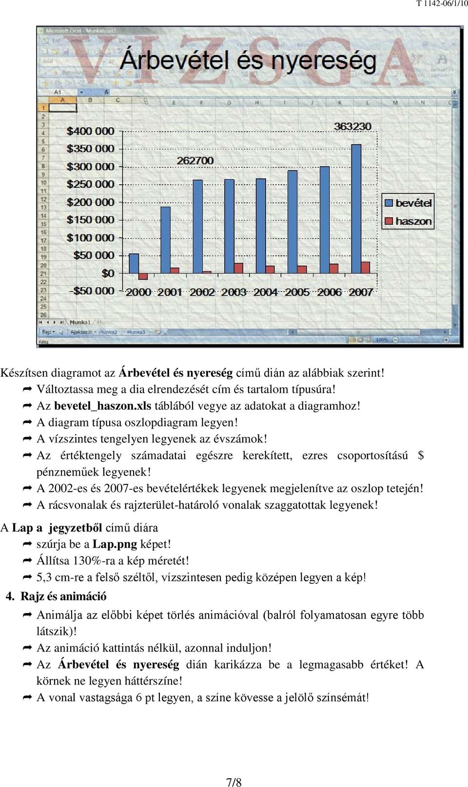 A 2002-es és 2007-es bevételértékek legyenek megjelenítve az oszlop tetején! A rácsvonalak és rajzterület-határoló vonalak szaggatottak legyenek! A Lap a jegyzetből című diára szúrja be a Lap.