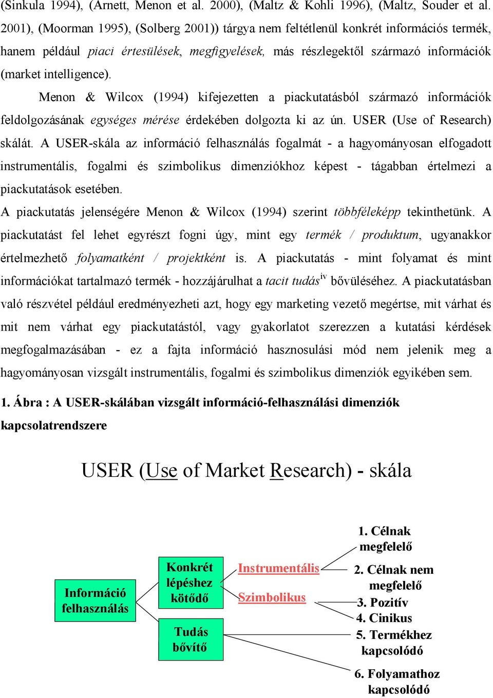 Menon & Wilcox (1994) kifejezetten a piackutatásból származó információk feldolgozásának egységes mérése érdekében dolgozta ki az ún. USER (Use of Research) skálát.