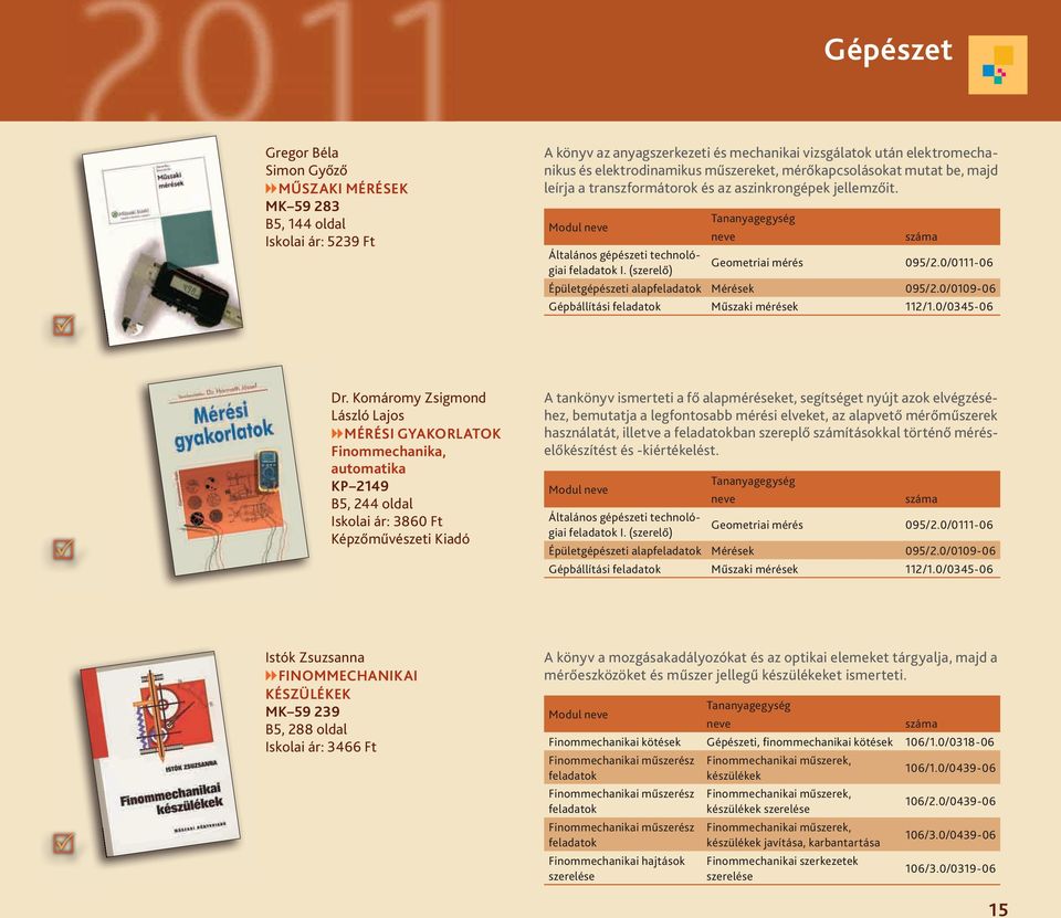 0/0111-06 Épületgépészeti alapfeladatok Mérések 095/2.0/0109-06 Gépbállítási feladatok Műszaki mérések 112/1.0/0345-06 Dr.