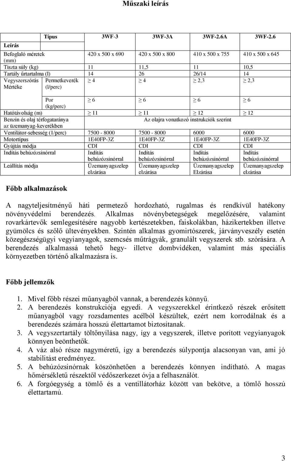 (l/perc) 4 4 2,3 2,3 Por 6 6 6 6 (kg/perc) Hatótávolság (m) 11 11 12 12 Benzin és olaj térfogataránya Az olajra vonatkozó instrukciók szerint az üzemanyag-keverékben Ventilátor-sebesség (1/perc)