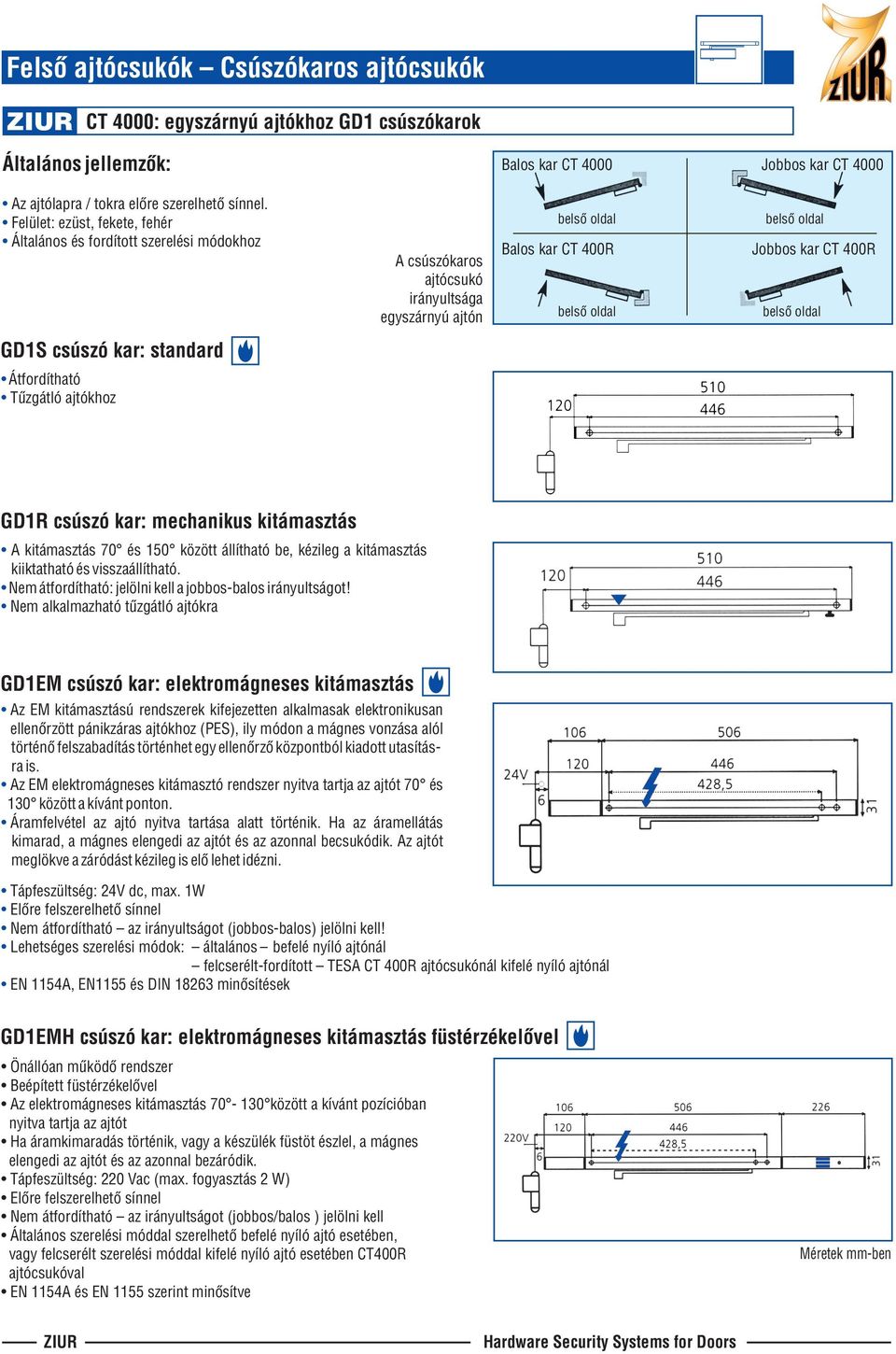 belsô oldal GD1S csúszó kar: standard Átfordítható Tûzgátló ajtókhoz GD1R csúszó kar: mechanikus kitámasztás A kitámasztás 70 és 150 között állítható be, kézileg a kitámasztás kiiktatható és