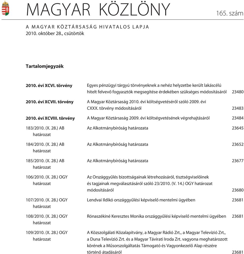törvény A Magyar Köztársaság 2010. évi költségvetésérõl szóló 2009. évi CXXX. törvény módosításáról 23483 2010. évi XCVIII. törvény A Magyar Köztársaság 2009.