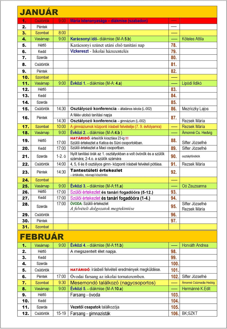 a) Lipódi Ildikó 12. Hétfő 83. 13. Kedd 84. 14. Szerda 85. 15. Csütörtök 14:30 Osztályozó konferencia általános iskola (L-002) 86. Mezriczky Lajos 16. Péntek A félév utolsó tanítási napja 87.