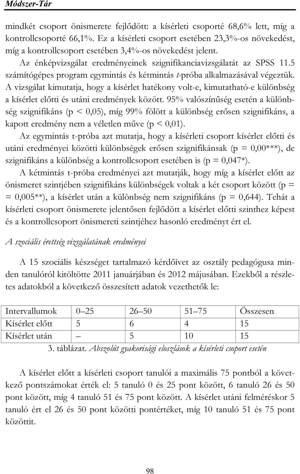 5 számítógépes program egymintás és kétmintás t-próba alkalmazásával végeztük.