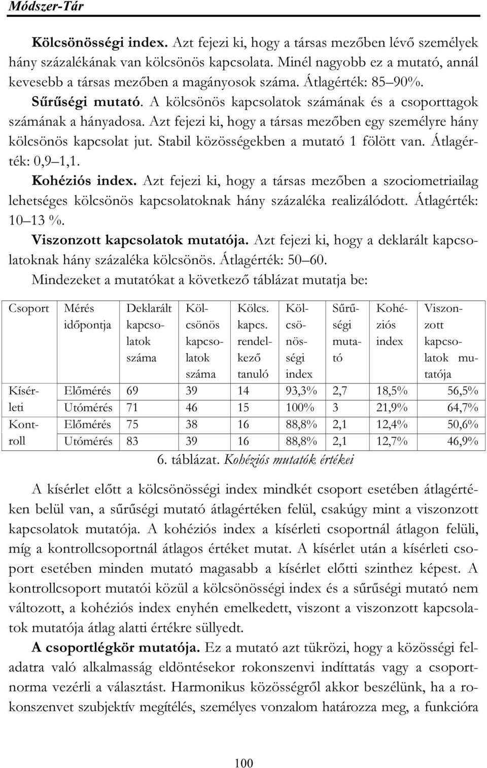 Stabil közösségekben a mutató 1 fölött van. Átlagérték: 0,9 1,1. Kohéziós index.