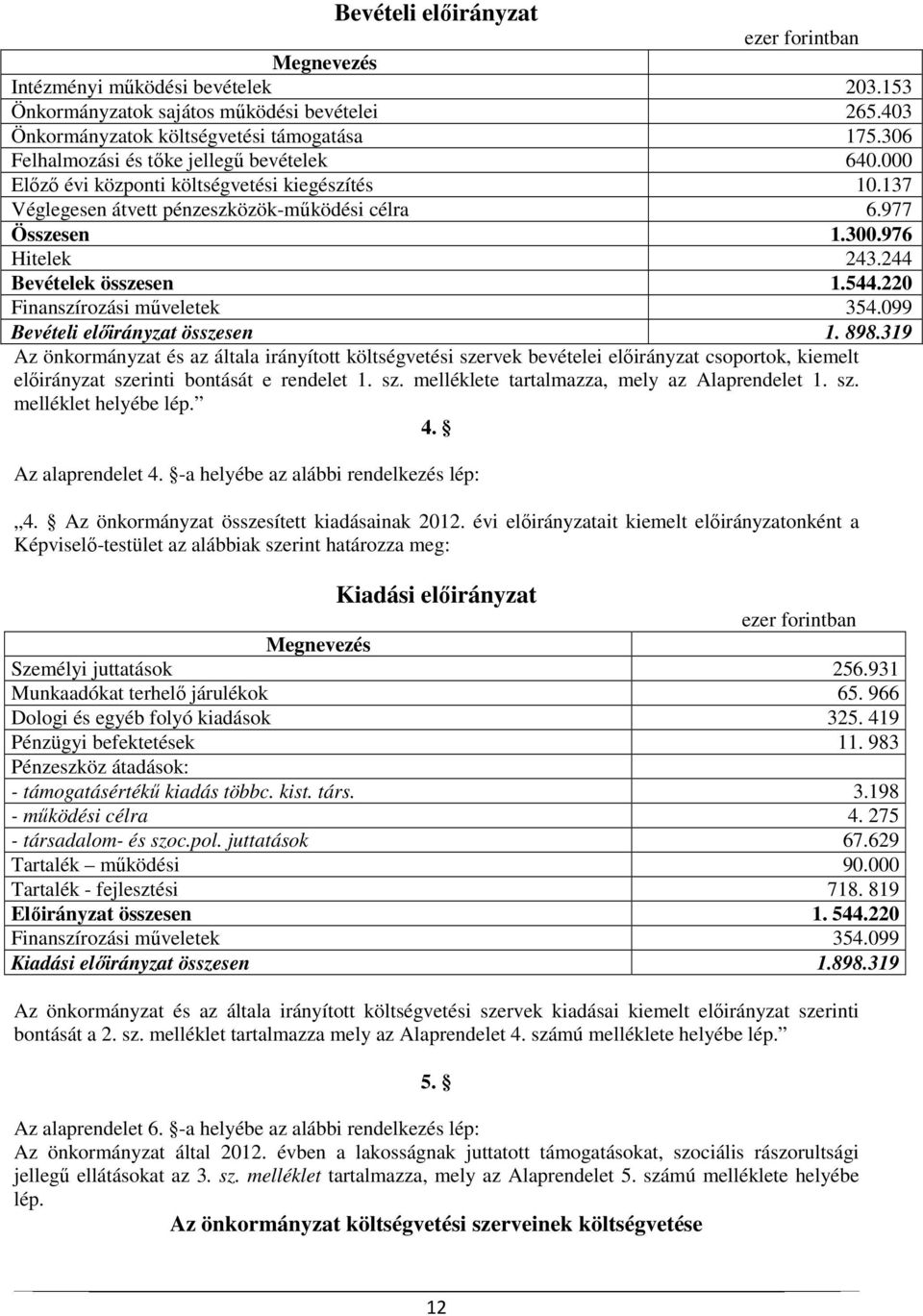 244 Bevételek összesen 1.544.220 Finanszírozási műveletek 354.099 Bevételi előirányzat összesen 1. 898.