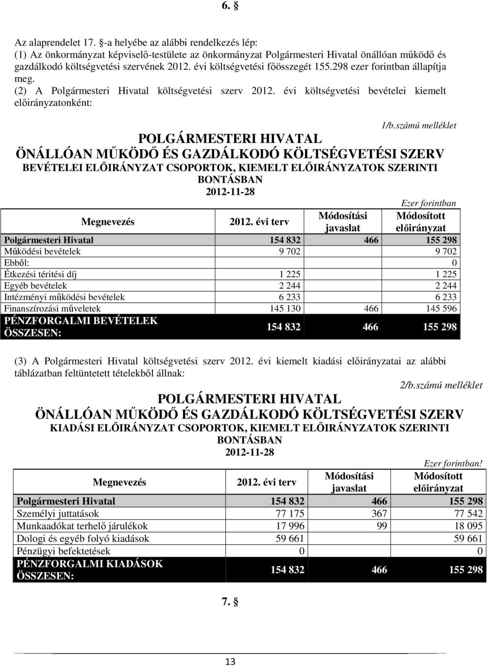 évi költségvetési bevételei kiemelt előirányzatonként: (3) A Polgármesteri Hivatal költségvetési szerv 2012.