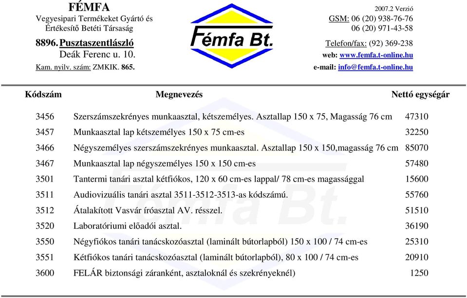 Audiovizuális tanári asztal 3511-3512-3513-as kódszámú. 55760 3512 Átalakított Vasvár íróasztal AV. résszel. 51510 3520 Laboratóriumi eladói asztal.