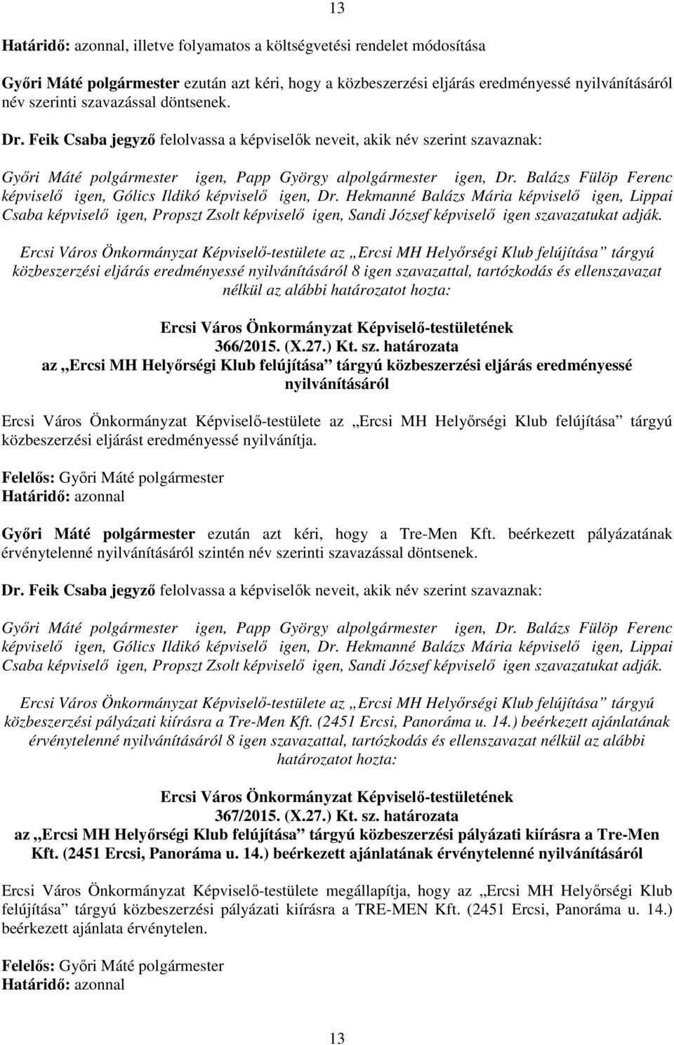 Balázs Fülöp Ferenc képviselő igen, Gólics Ildikó képviselő igen, Dr.