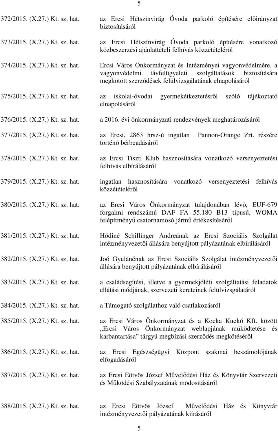 Ercsi Város Önkormányzat és Intézményei vagyonvédelmére, a vagyonvédelmi távfelügyeleti szolgáltatások biztosítására megkötött szerződések felülvizsgálatának elnapolásáról 375/2015.