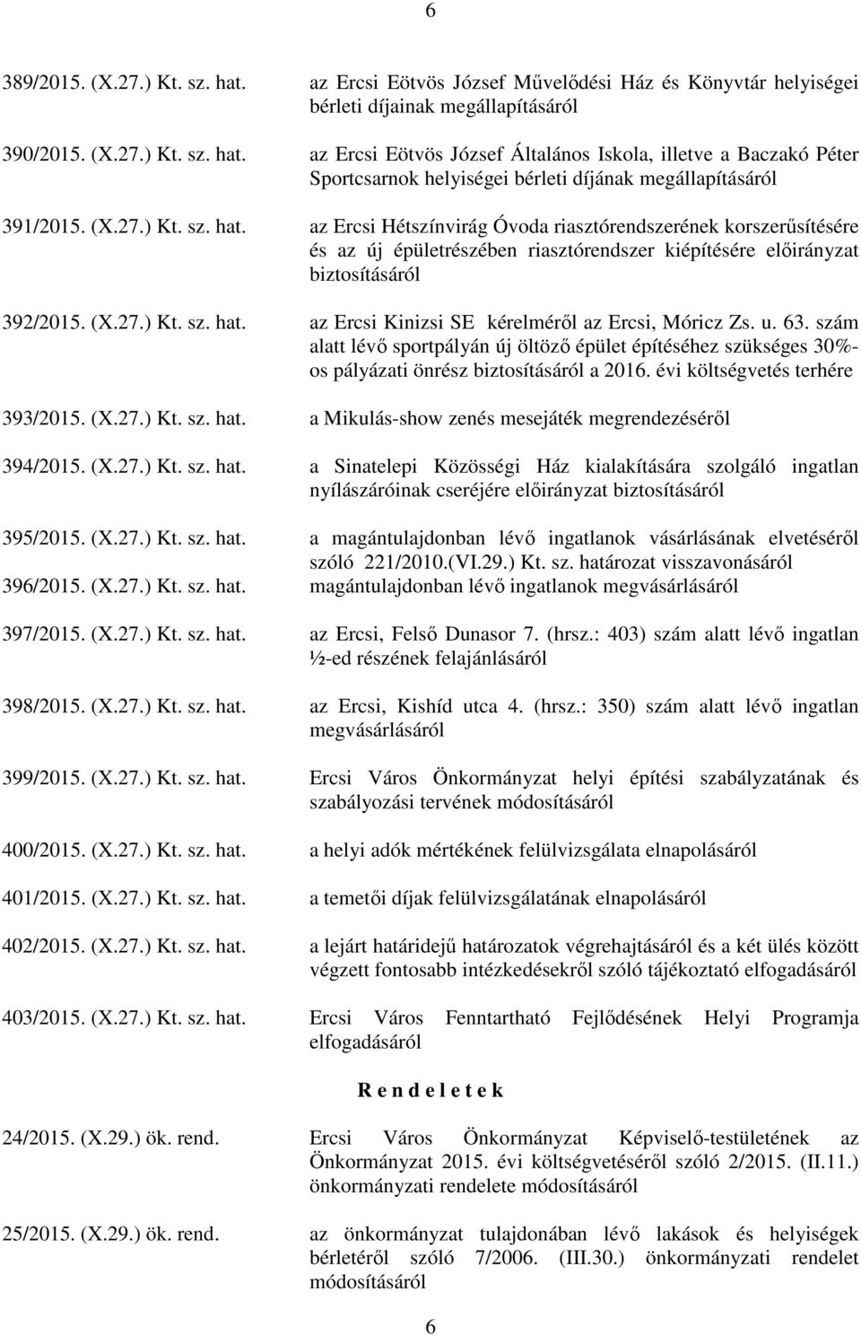 u. 63. szám alatt lévő sportpályán új öltöző épület építéséhez szükséges 30%- os pályázati önrész biztosításáról a 2016. évi költségvetés terhére 393/2015. (X.27.) Kt. sz. hat.