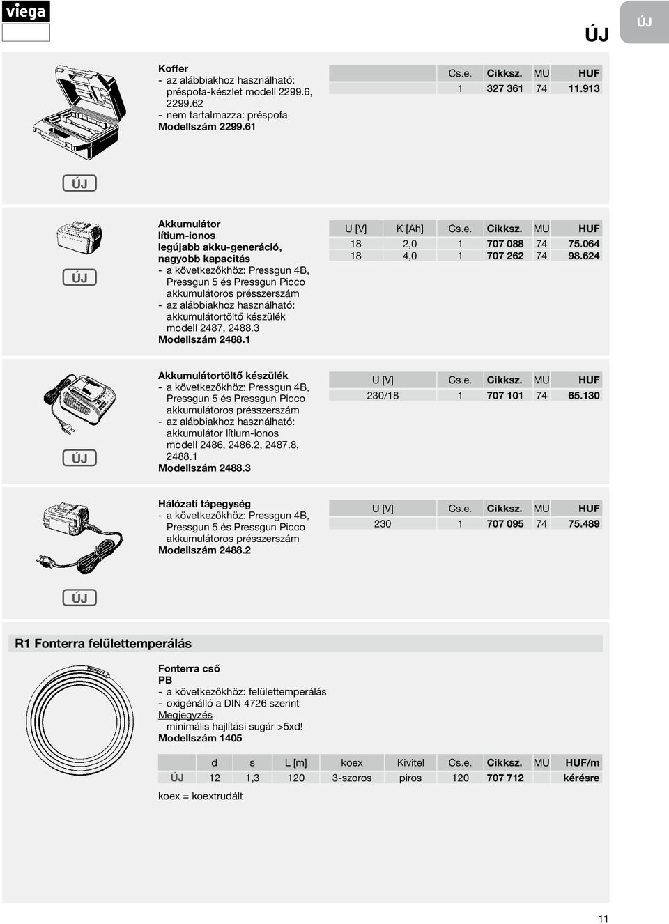 akkumulátortöltő készülék modell 2487, 2488.3 Modellszám 2488.1 U [V] K [Ah] Cs.e. Cikksz. MU HUF 18 2,0 1 707 088 74 75.064 18 4,0 1 707 262 74 98.