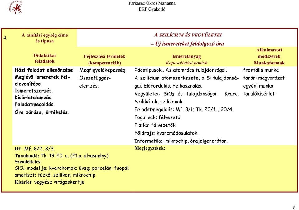 Vegyületei: SiO2 és tulajdonságai. Szilikátok, szilikonok. Kvarc. Feladatmegoldás: Mf. 8/1; Tk. 20/1., 20/4.