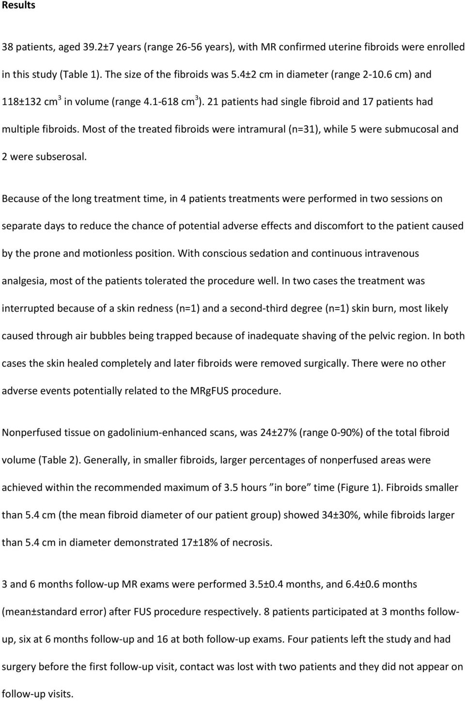 Most of the treated fibroids were intramural (n=31), while 5 were submucosal and 2 were subserosal.