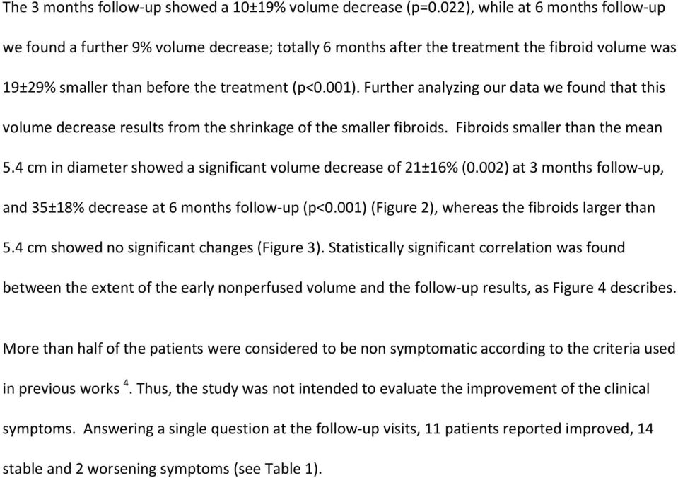 Further analyzing our data we found that this volume decrease results from the shrinkage of the smaller fibroids. Fibroids smaller than the mean 5.