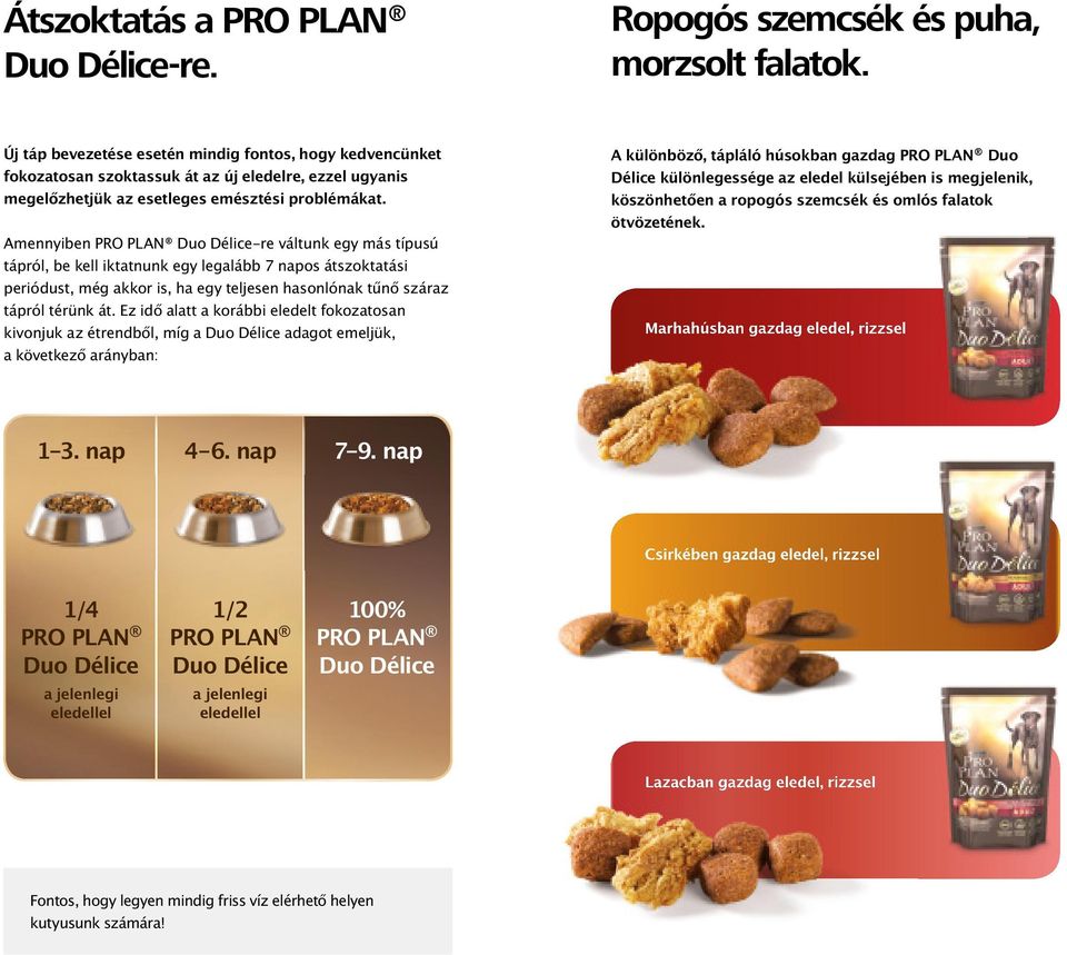 Amennyiben PRO PLAN Duo Délice-re váltunk egy más típusú tápról, be kell iktatnunk egy legalább 7 napos átszoktatási periódust, még akkor is, ha egy teljesen hasonlónak tűnő száraz tápról térünk át.