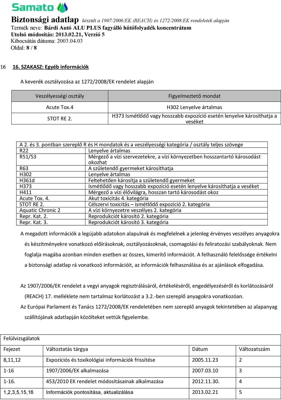 pontban szereplő R és H mondatok és a veszélyességi kategória / osztály teljes szövege R22 Lenyelve ártalmas R51/53 Mérgező a vízi szervezetekre, a vízi környezetben hosszantartó károsodást okozhat