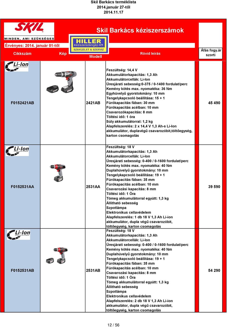 akkumulátorral: 1,2 kg Alapfelszerelés: 2 x 14,4 V 1,3 Ah-s Li-Ion akkumulátor, duplavégű csavarozóbit,töltőegység, karton csomagolás 45 490 F0152531AA F0152531AB 2531AA 2531AB Feszültség: 18 V