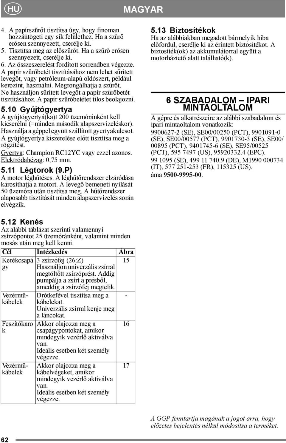 A papír szűrőbetét tisztításához nem lehet sűrített levegőt, vagy petróleum-alapú oldószert, például kerozint, használni. Megrongálhatja a szűrőt.
