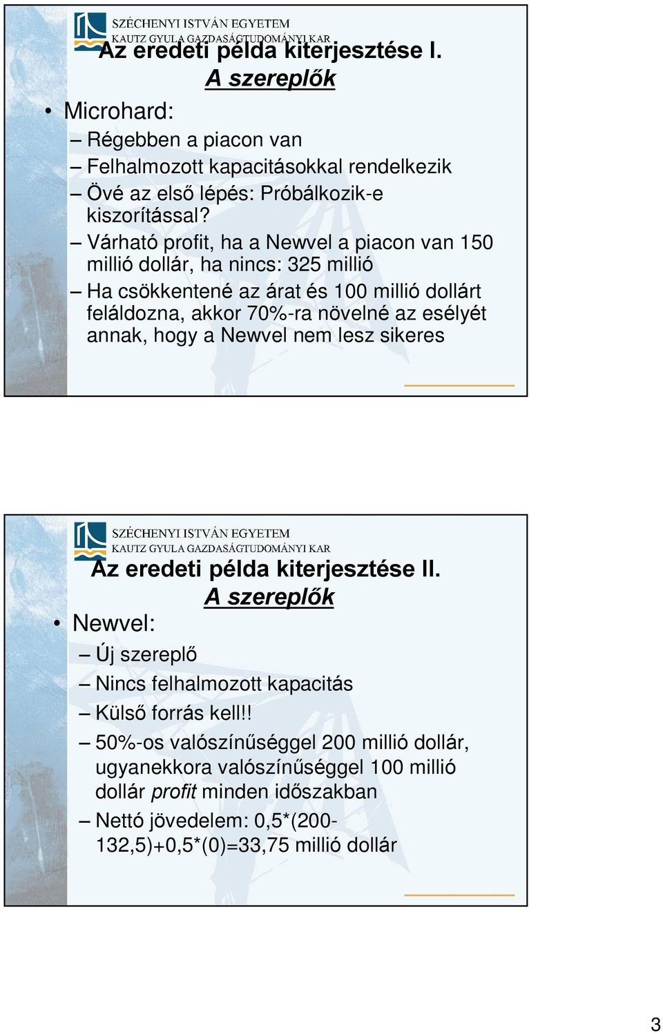 esélyét annak, hogy a Newvel nem lesz sikeres Az eredeti példa kiterjesztése II. A szereplõk Newvel: Új szereplõ Nincs felhalmozott kapacitás Külsõ forrás kell!
