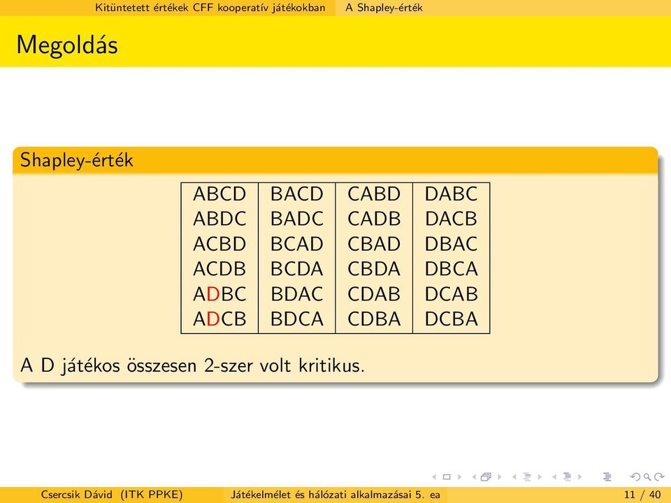 BCDA CBDA DBCA ADBC BDAC CDAB DCAB ADCB BDCA CDBA DCBA A D játékos összesen