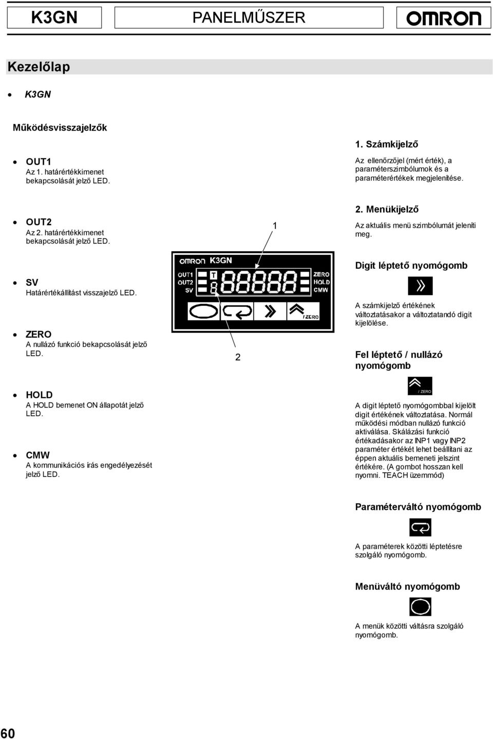 2 Digit léptető nyomógomb A számkijelző értékének változtatásakor a változtatandó digit kijelölése. Fel léptető / nullázó nyomógomb HOLD A HOLD bemenet ON állapotát jelző LED.