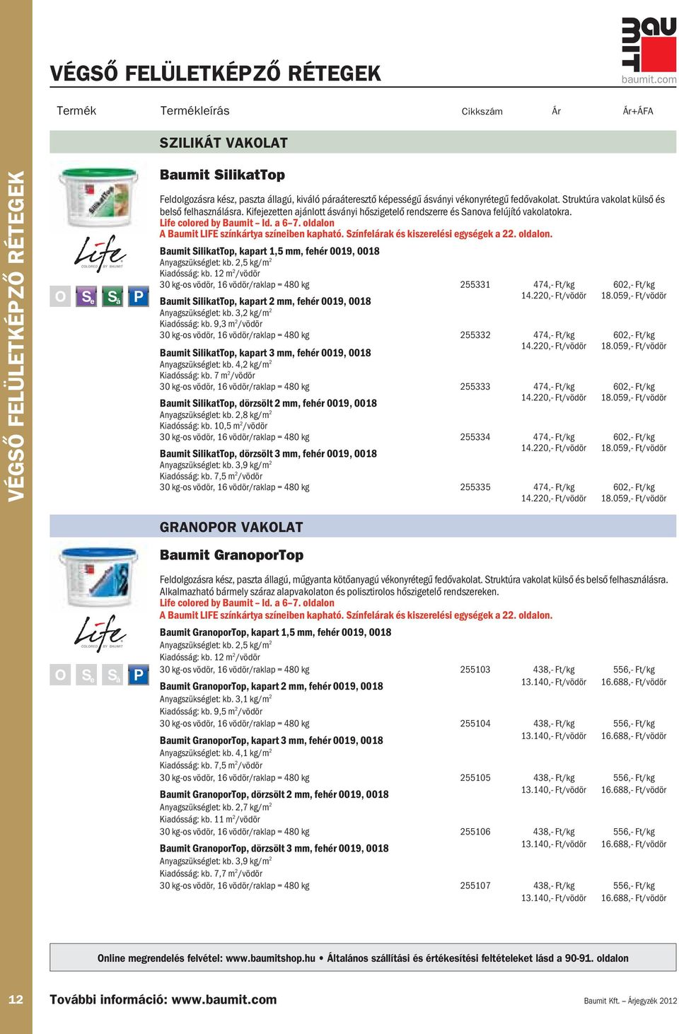 oldalon A Baumit LIFE színkrtya színibn kapható. Színflrak és kiszrlési gységk a 22. oldalon. Baumit SilikatTop, kapart 1,5 mm, fhér 0019, 0018 Anyagszükséglt: kb. 2,5 kg/m 2 Kiadóssg: kb.