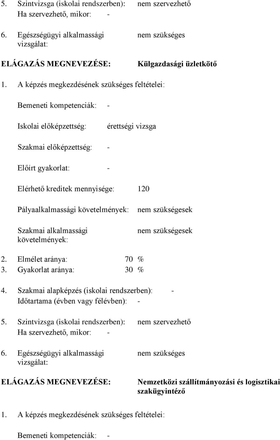 Pályaalkalmassági követelmények: Szakmai alkalmassági követelmények: nem szükségesek nem szükségesek 2. Elmélet aránya: 70 % 3. Gyakorlat aránya: 30 % 4.