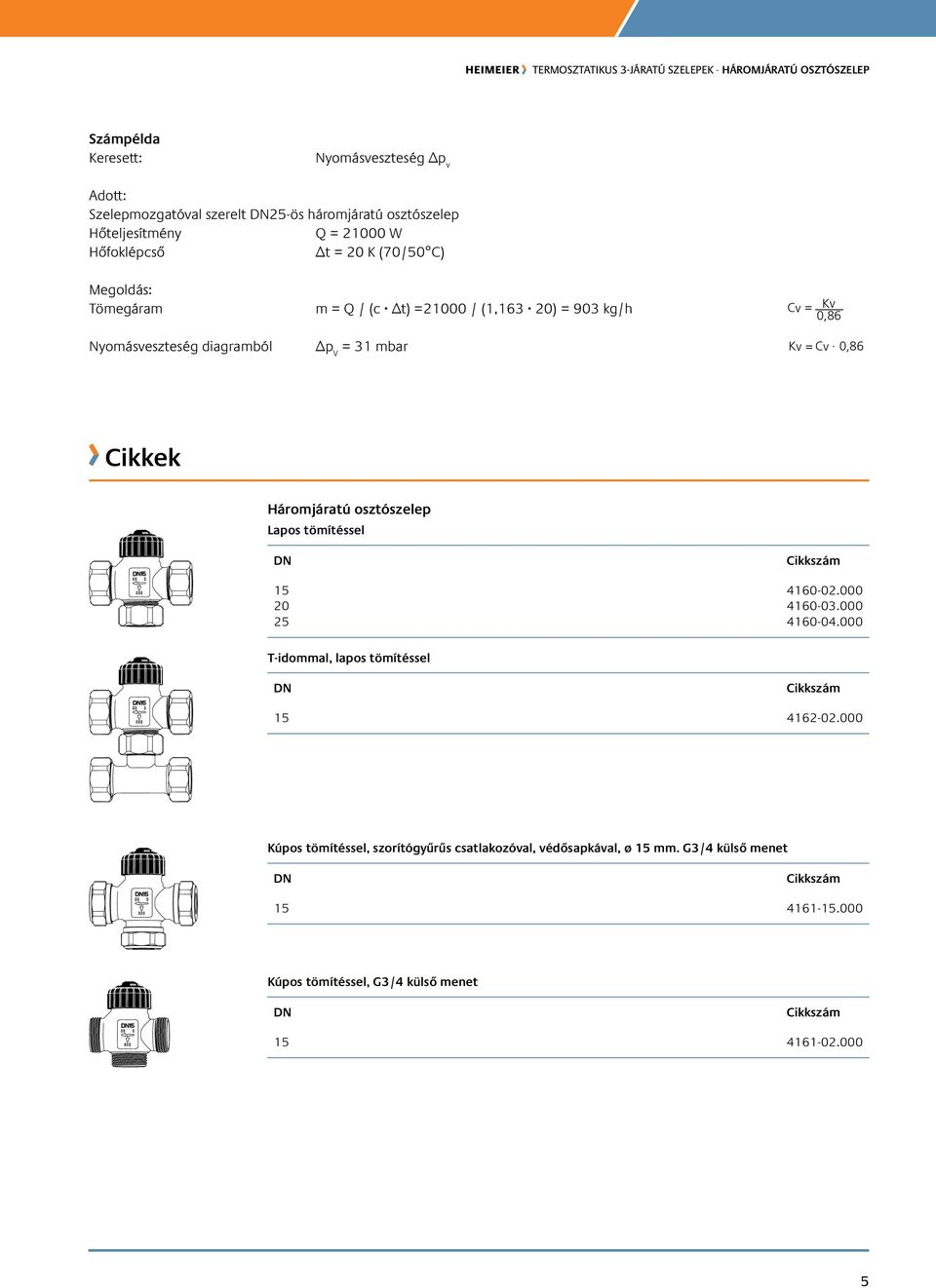 Háromjáratú osztószelep Lapos tömítéssel N Cikkszám 15 4160-02.000 20 4160-03.000 25 4160-04.000 T-idommal, lapos tömítéssel N Cikkszám 15 4162-02.