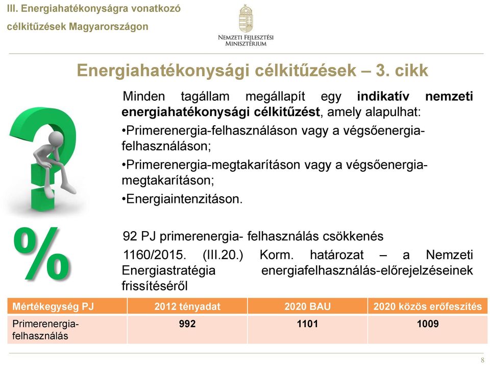 végsőenergiafelhasználáson; Energiaintenzitáson. % 92 PJ primerenergia- felhasználás csökkenés 1160/2015. (III.20.) Korm.