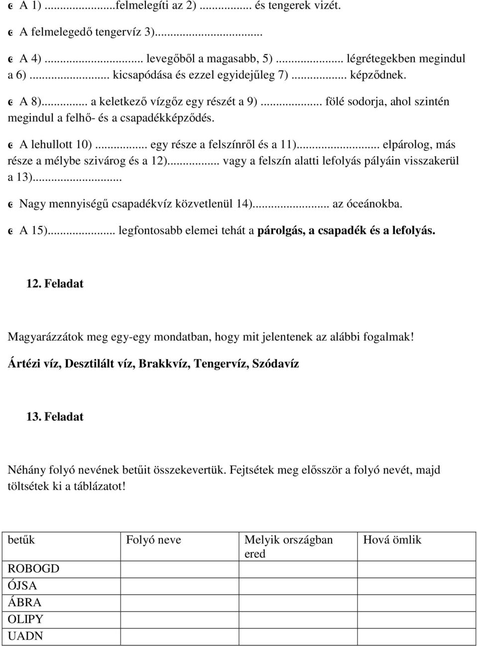 .. elpárolog, más része a mélybe szivárog és a 12)... vagy a felszín alatti lefolyás pályáin visszakerül a 13)... ͼ Nagy mennyiségű csapadékvíz közvetlenül 14)... az óceánokba. ͼ A 15).