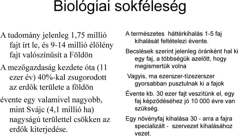 A természetes háttérkihalás 1-5 faj kihalását feltételezi évente.