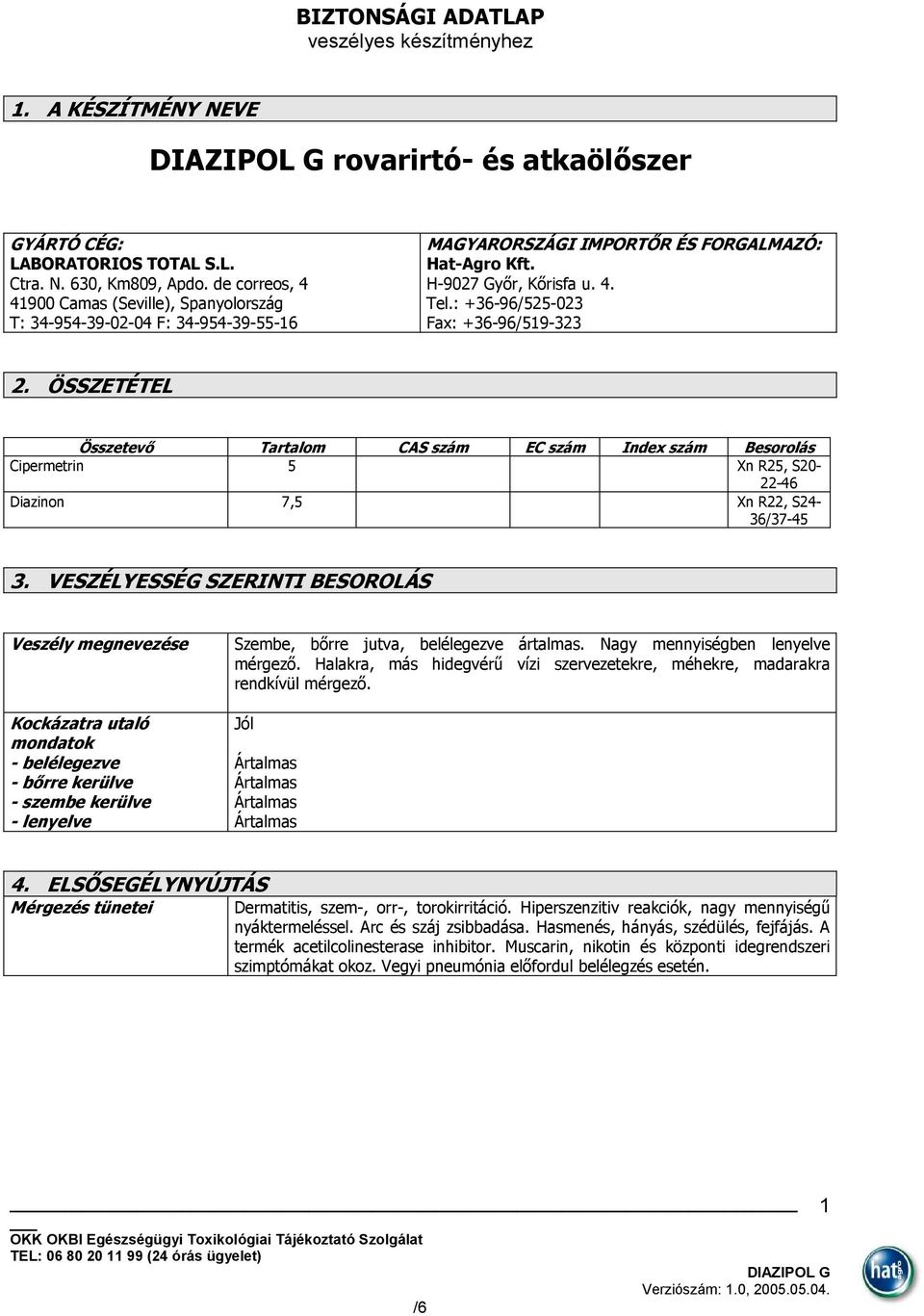 : +36-96/525-023 Fax: +36-96/519-323 2. ÖSSZETÉTEL Összetevő Tartalom CAS szám EC szám Index szám Besorolás Cipermetrin 5 Xn R25, S20-22-46 Diazinon 7,5 Xn R22, S24-36/37-45 3.