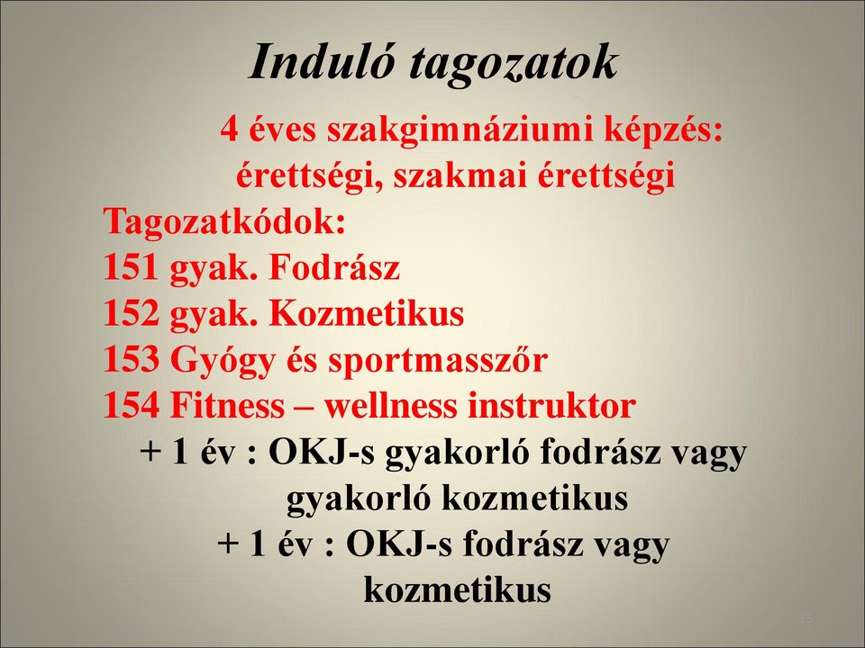 Kozmetikus 153 Gyógy és sportmasszőr 154 Fitness wellness instruktor +