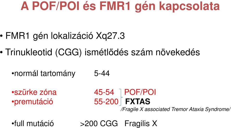 5-44 szürke zóna 45-54 POF/POI premutáció 55-200 FXTAS /Fragile