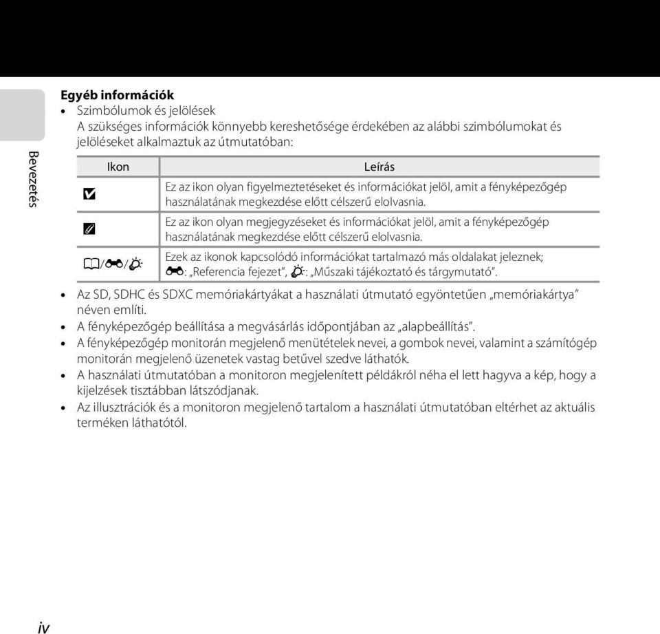 Ez az ikon olyan megjegyzéseket és információkat jelöl, amit a fényképezőgép használatának megkezdése előtt célszerű elolvasnia.