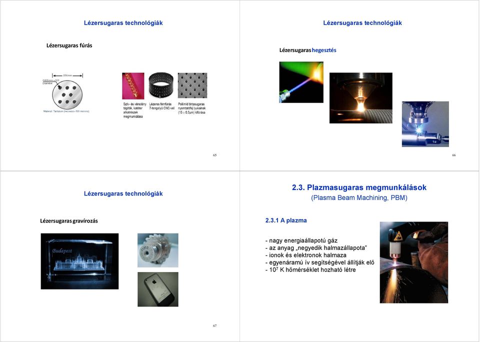Plazmasugaras megmunkálások (Plasma Beam Machining, PBM) Lézersugaras gravírozás 2.3.