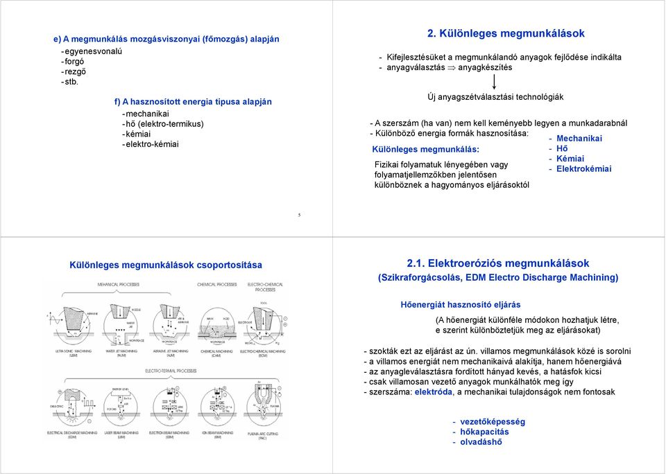 legyen a munkadarabnál - Különböző energia formák hasznosítása: - Mechanikai Különleges megmunkálás: - Hő - Kémiai Fizikai folyamatuk lényegében vagy - Elektrokémiai folyamatjellemzőkben jelentősen