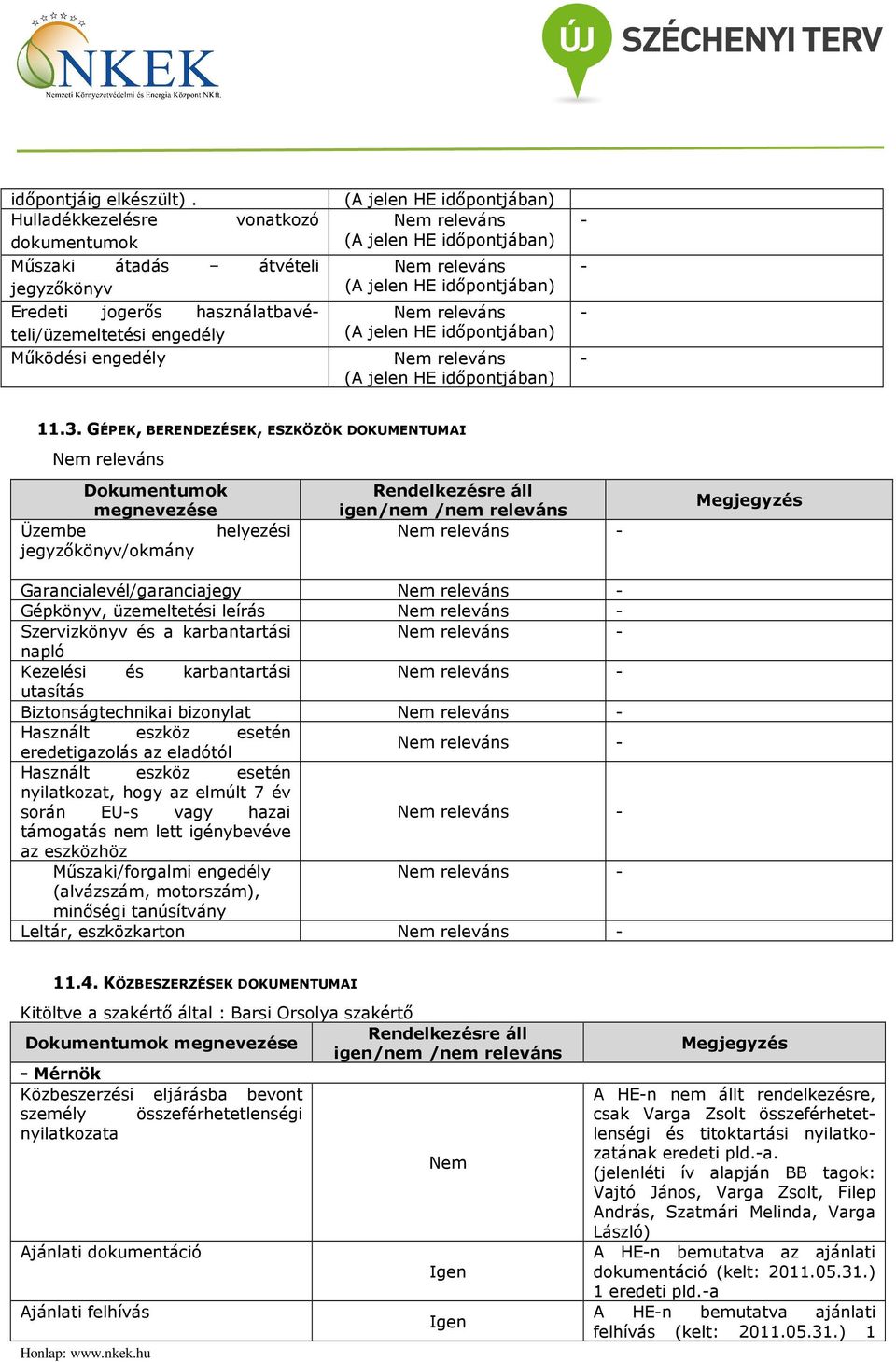 Szervizkönyv és a karbantartási napló Kezelési és karbantartási utasítás Biztonságtechnikai bizonylat Használt eszköz esetén eredetigazolás az eladótól Használt eszköz esetén nyilatkozat, hogy az