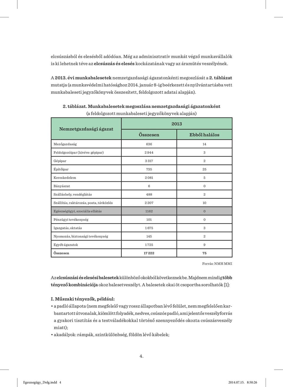 január 8-ig beérkezett és nyilvántartásba vett munkabaleseti jegyzőkönyvek összesített, feldolgozott adatai alapján). 2. táblázat.