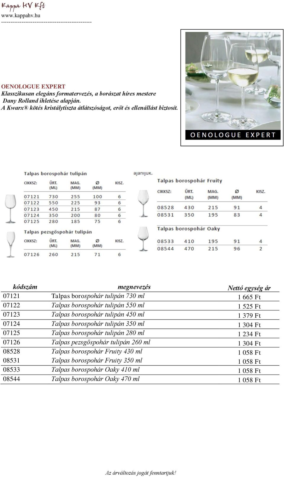 kódszám megnevezés Nettó egység ár 07121 Talpas borospohár tulipán 730 ml 1 665 Ft 07122 Talpas borospohár tulipán 550 ml 1 525 Ft 07123 Talpas borospohár tulipán 450 ml 1