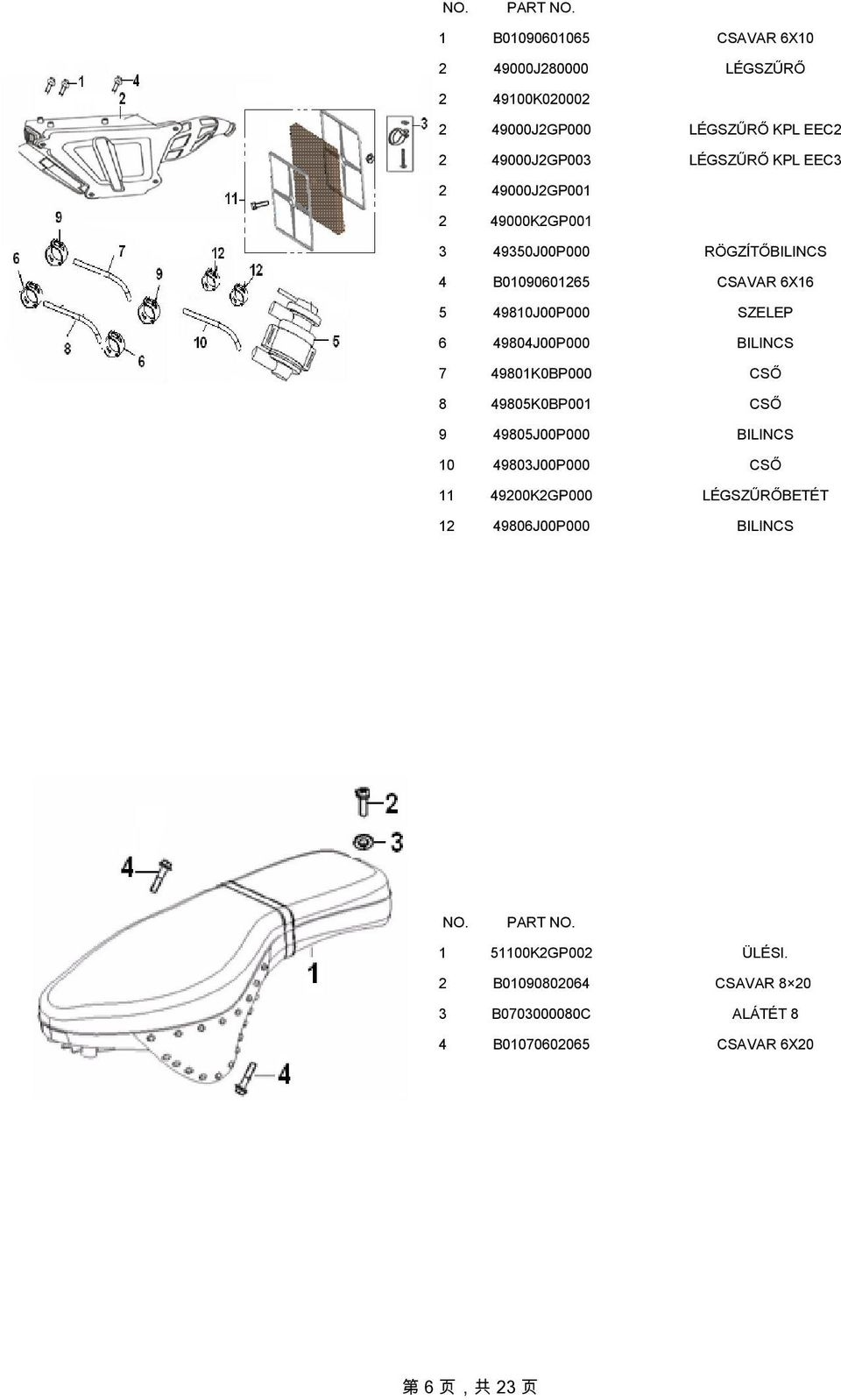 BILINCS 7 49801K0BP000 CSŐ 8 49805K0BP001 CSŐ 9 49805J00P000 BILINCS 10 49803J00P000 CSŐ 11 49200K2GP000 LÉGSZŰRŐBETÉT 12