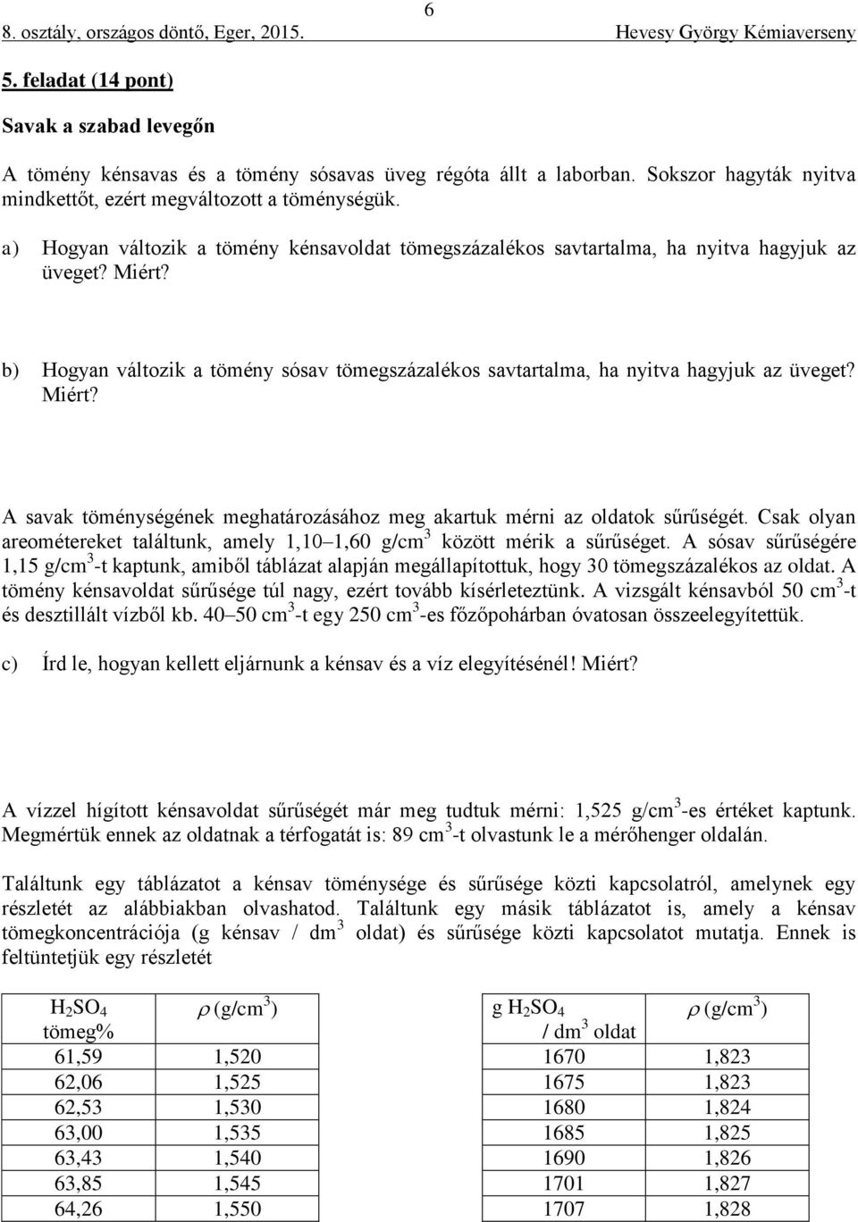 Miért? A savak töménységének meghatározásához meg akartuk mérni az oldatok sűrűségét. Csak olyan areométereket találtunk, amely 1,10 1,60 g/cm 3 között mérik a sűrűséget.