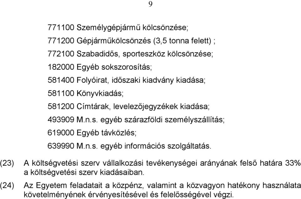 n.s. egyéb információs szolgáltatás. (23) A költségvetési szerv vállalkozási tevékenységei arányának felső határa 33% a költségvetési szerv kiadásaiban.