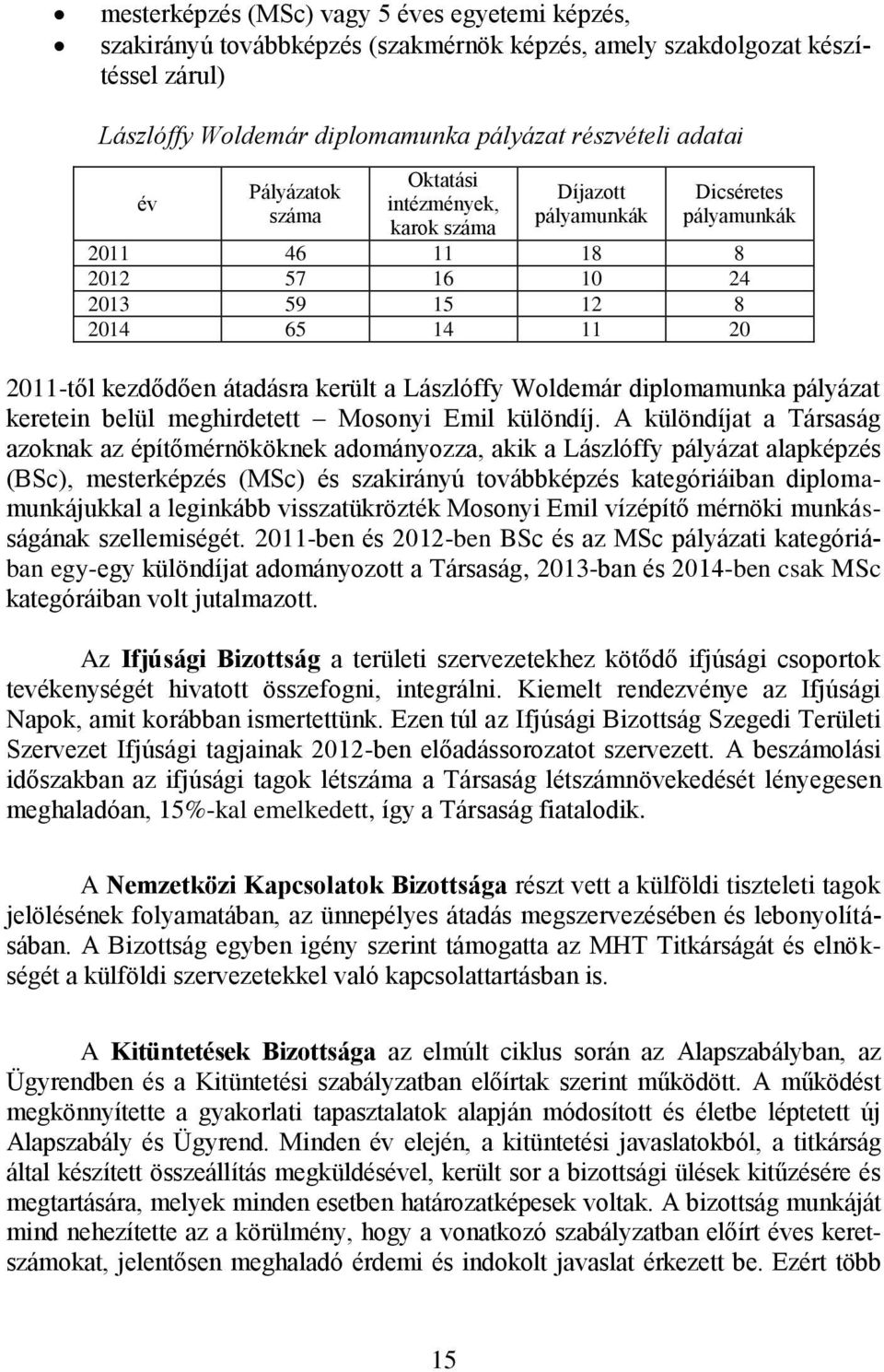Lászlóffy Woldemár diplomamunka pályázat keretein belül meghirdetett Mosonyi Emil különdíj.