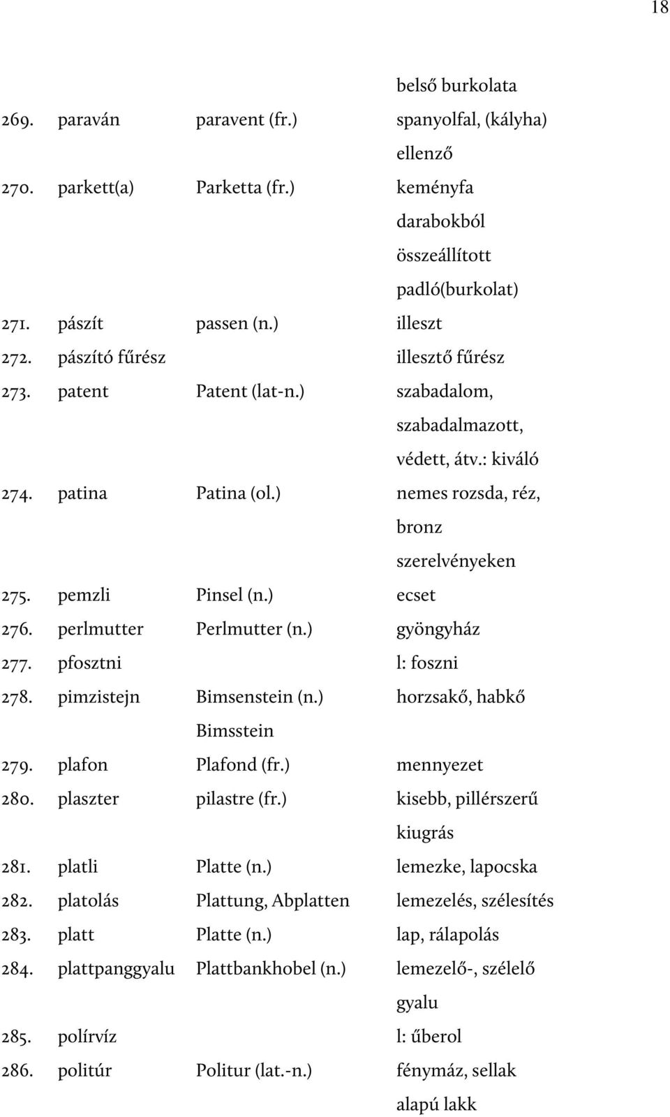 ) ecset 276. perlmutter Perlmutter (n.) gyöngyház 277. pfosztni l: foszni 278. pimzistejn Bimsenstein (n.) horzsakő, habkő Bimsstein 279. plafon Plafond (fr.) mennyezet 280. plaszter pilastre (fr.